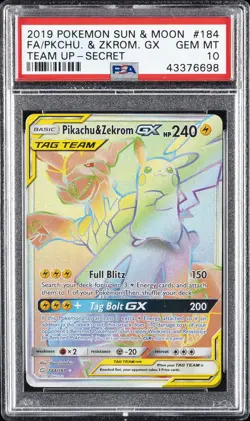 2019 POKEMON SUN & MOON TEAM UP SECRET #184 FULL ART/PIKACHU & ZEKROM GX PSA 10 - Image 1