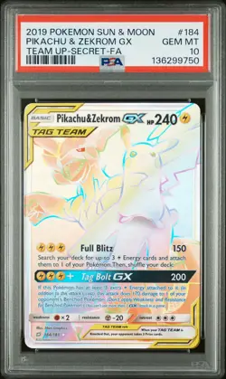 2019 POKEMON SUN & MOON TEAM UP SECRET #184 FULL ART/PIKACHU & ZEKROM GX PSA 10 - Image 1