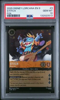 2025 DISNEY LORCANA EN 9-FABLED FOIL #3 STITCH ROCK STAR PSA 10 - Image 1
