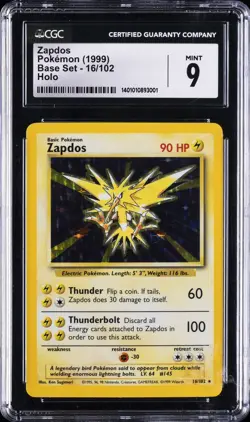 1999 POKEMON BASE SET HOLO #16/102 ZAPDOS CGC 9 - Image 1