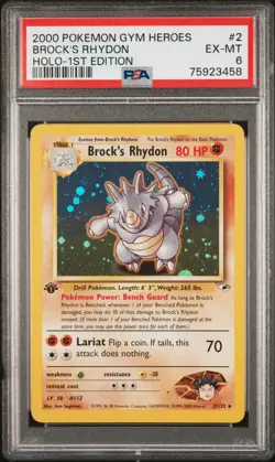 2000 Pokemon Brock's Rhydon Holo Rare Gym Heroes 1st Edition 2/132 PSA 6 EX-MT - Image 1