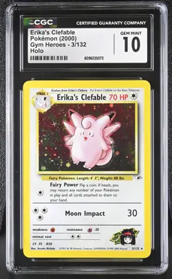 CGC 10 GEM MINT Erika's Clefable 2000 Gym Heroes 3/132 Holo Pokemon Card - Image 1
