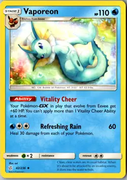 Vaporeon 42/236 Uncommon SM - Cosmic Eclipse LP Pokemon Card - Image 1