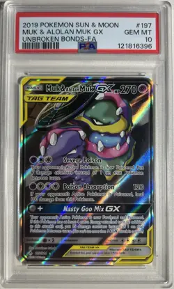Pokemon Muk & Alolan Muk GX Unbroken Bonds Full Alt Art 197/214 PSA 10 Gem Mint - Image 1