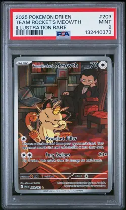2025 Pokemon Team Rocket's Meowth 203/182 Sv10: Destined Rivals Holo PSA 9 - Image 1