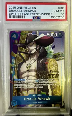 2025 One Piece OP11 Dracule Mihawk Release Event Winner #081 PSA 10 Promo - Image 1