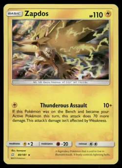 Pokemon Cards Zapdos 40/181 Team Up Sun & Moon Holo Rare NM - Image 1