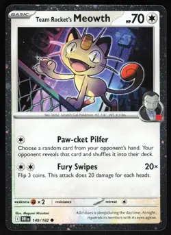 Team Rocket's Meowth 149/182 (Cosmos Holo) Pokemon Destined Rivals PROMO NM - Image 1