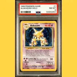 1999 ALAKAZAM Holo 1/102 PSA 8 Pokemon Card Game NM-MNT - Image 1