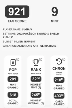 2022 Pokemon SWSH Silver Tempest Lugia V 186 TAG 9 Mint Alt Art - Image 4