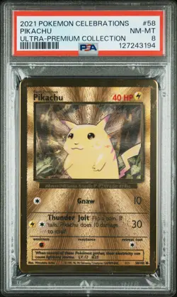 2021 POKEMON PIKACHU #58 METAL CARD CELEBRATIONS ULTRA PREMIUM COLLECTION PSA 8 - Image 1