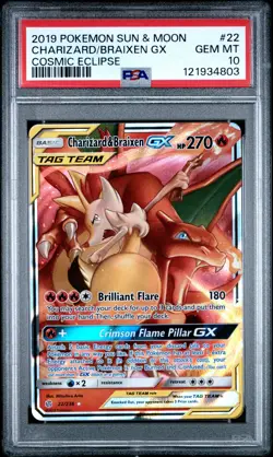 2019 POKEMON SUN & MOON COSMIC ECLIPSE CHARIZARD/BRAIXEN GX#22 PSA 10 - Image 1
