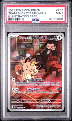 2025 POKEMON DRI EN-DESTINED RIVALS ILLUSTRATION RARE TEAM ROCKET'S MEOWTH PSA 9 - Image 1