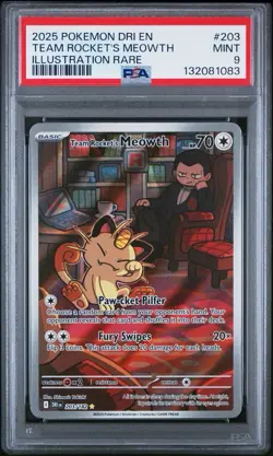2025 POKEMON DRI EN-DESTINED RIVALS ILLUSTRATION RARE TEAM ROCKET'S MEOWTH PSA 9 - Image 1