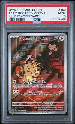 2025 POKEMON DRI EN-DESTINED RIVALS ILLUSTRATION RARE TEAM ROCKET'S MEOWTH PSA 9 - Image 1