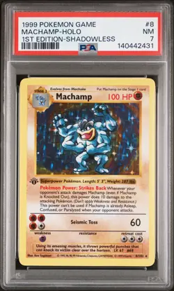 1999 POKEMON GAME 1ST ED-SHADOWLESS #8 MACHAMP-HOLO PSA 7 - Image 1