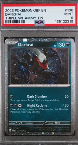 Pokemon Darkrai 136/197 Obsidian Flames Cosmo Holo Swirl PSA 9 Triple Whammy Tin - Image 1