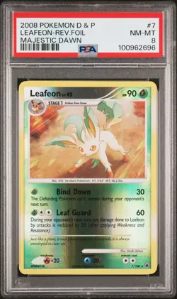 2008 POKEMON MAJESTIC DAWN LEAFEON #7 REVERSE HOLO FOIL PSA 8 NM #100962696 - Image 1