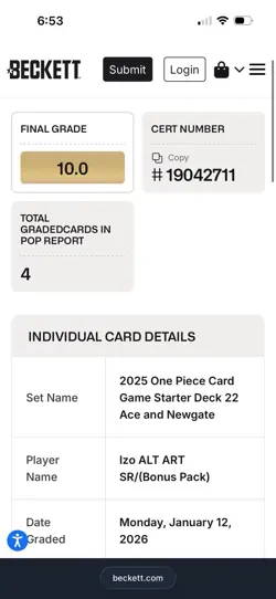 2025 One Piece Starter Deck 22 Ace/Newgate ST22-002 IZO Alt Art B&W BGS 10 POP 1 - Image 4