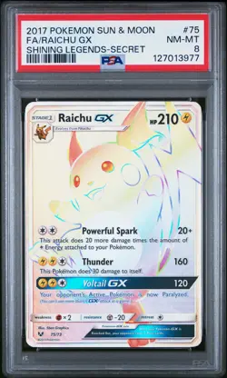 2017 POKEMON SUN & MOON SHINING LEGENDS SECRET #75 FULL ART/RAICHU GX PSA 8 - Image 1