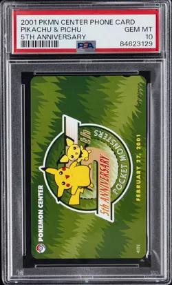 2001 POKEMON CENTER PHONE CARD 5TH ANV PIKACHU & PICHU PSA 10 - Image 1