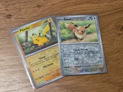 Pikachu 025/165 and Eevee 133/165 151 Reverse Holo Pokemon Card - Image 1