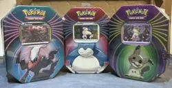 Sealed Pokemon TCG's Mighty Mysterious 2021 Mimikyu Snorlax Darkrai Tins Set 3 - Image 1