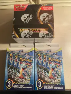 Pokemon Mega Evolution Booster Box & 2 Stellar Crown Hanger Boxes Sealed - Image 1