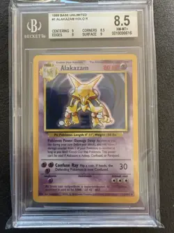 Pokemon TCG Alakazam Base Set Holo Card 1/102 Unlimited Rare 8.5 BGS NM MT+ - Image 1