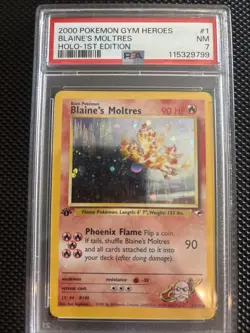 Pokemon TCG Blaine's Moltres Gym Heroes Holo Card 1/132 Unlimited Rare, PSA 7 NM - Image 1
