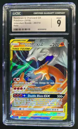 2019 Pokemon Unbroken Bonds Reshiram Charizard Tag Team Holo #20/214 CGC 9 - Image 1