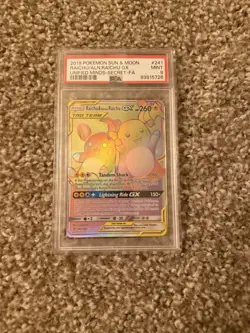 Pokemon TCG Raichu and Alolan Raichu GX Tag Team Rainbow Rare #241/236 PSA 9 - Image 1