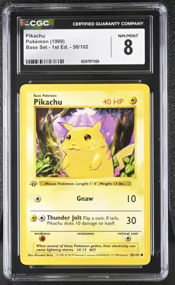CGC 8 Pikachu 1999 Base Set 1st Edition Shadowless 58/102 Pokemon Card - Image 1