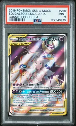 2019 Pokemon Sun & Moon Cosmic Eclipse #216 Full Art Solgaleo & Lunala GX PSA 9 - Image 1