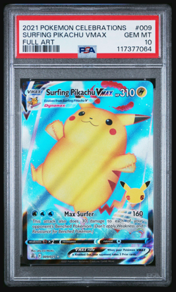 2021 POKEMON CELEBRATIONS #009 FULL ART/SURFING PIKACHU VMAX PSA 10 - Image 1
