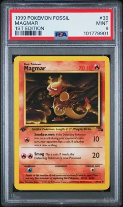 1999 Pokemon Fossil 1st Edition #39 Magmar PSA 9 - Image 1