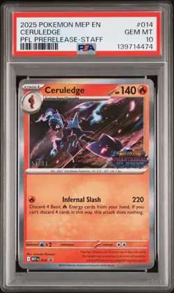 2025 POKEMON MEP PROMO PHANTASMAL FLAMES PRERELEASE-STAFF #014 CERULEDGE PSA 10 - Image 1
