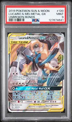 2019 POKEMON SUN & MOON UNBROKEN BONDS #120 LUCARIO & MELMETAL GX PSA 9 - Image 1