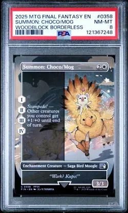2025 MTG FINAL FANTASY WOODBLOCK BORDERLESS #0358 SUMMON: CHOCO/MOG PSA 8 - Image 1