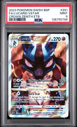 2023 POKEMON SWSH CROWN ZENITH ETB PROMO #291 FULL ART/LUCARIO VSTAR PSA 9 - Image 1