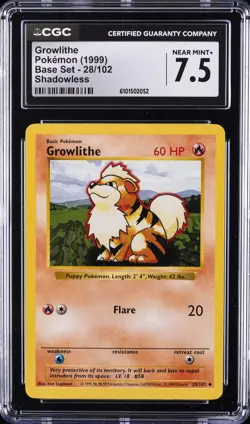 1999 POKEMON BASE SET SHADOWLESS #28/102 GROWLITHE CGC 7.5 - Image 1