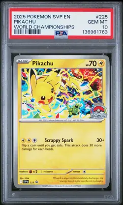 2025 POKEMON SVP EN-SV BLACK STAR PROMO WORLD CHAMPIONSHIPS #225 PIKACHU PSA 10 - Image 1