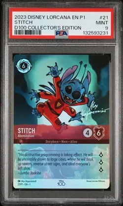 2023 DISNEY LORCANA EN P1-PROMO DISNEY100 COLLECTOR #21 STITCH ABOMINATION PSA 9 - Image 1