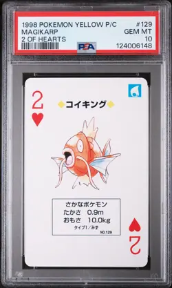 1998 POKEMON YELLOW VERSION PLAYING CARDS 2 OF HEARTS #129 MAGIKARP PSA 10 - Image 1