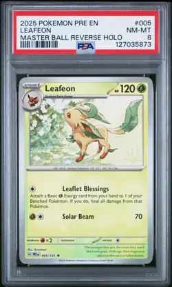2025 POKEMON PRE EN-PRISMATIC EVOLUTIONS MASTER BALL REVERSE HOLO LEAFEON PSA 8 - Image 1