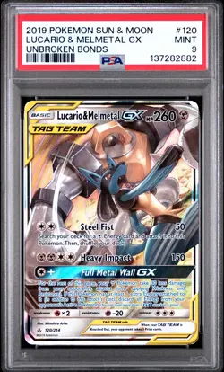 2019 POKEMON SUN & MOON UNBROKEN BONDS #120 LUCARIO & MELMETAL GX PSA 9 - Image 1