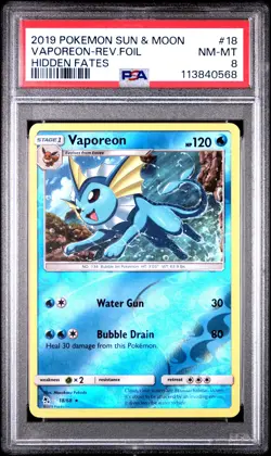 2019 POKEMON SUN & MOON HIDDEN FATES #18 VAPOREON-REVERSE FOIL PSA 8 - Image 1