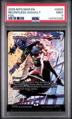 2025 MTG MARVEL'S SPIDER-MAN: SOURCE MAT FOIL #0025 RELENTLESS ASSAULT PSA 9 - Image 1