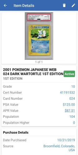 PSA 10 Gem Mint Dark Wartortle 024/048 - 1st Edition Japanese Pokemon Web 2001 - Image 3