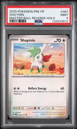3612 Shaymin 2025 Pokemon SV Prismatic Evolutions #87 Master Ball Reverse PSA 9 - Image 1